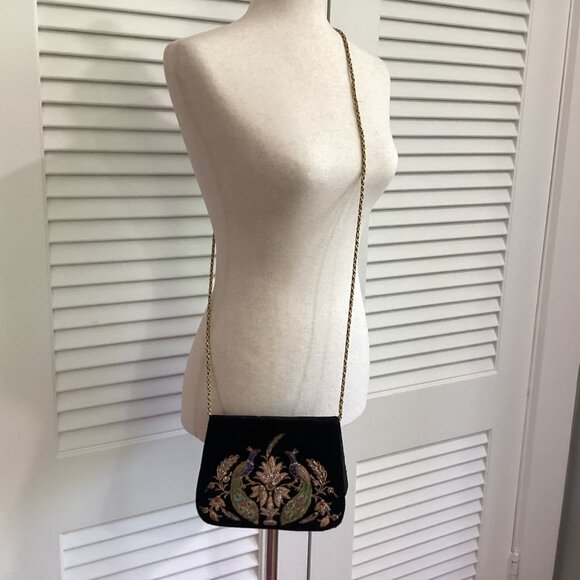 Vintage Zardozi Black Velvet Bag Clutch Gold Embroidery Double Peacock Design In - Picture 7 of 16